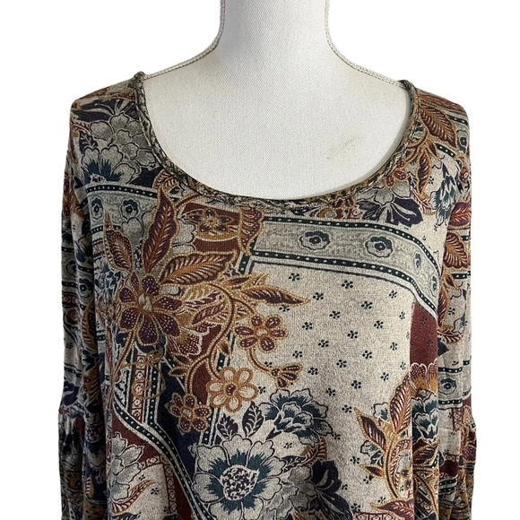 World Unity Blouse XL Floral Gray Red Knit Pullover 3/4 Balloon Sleeves Stretch - Picture 5 of 9